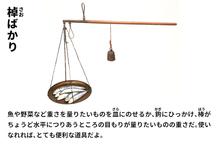 棹ばかり　魚や野菜など重さを量りたいものを皿にのせるか、鉤にひっかけ、棒がちょうど水平につりあうところの目もりが量りたいものの重さだ。使いなれれば、とても便利な道具だよ。