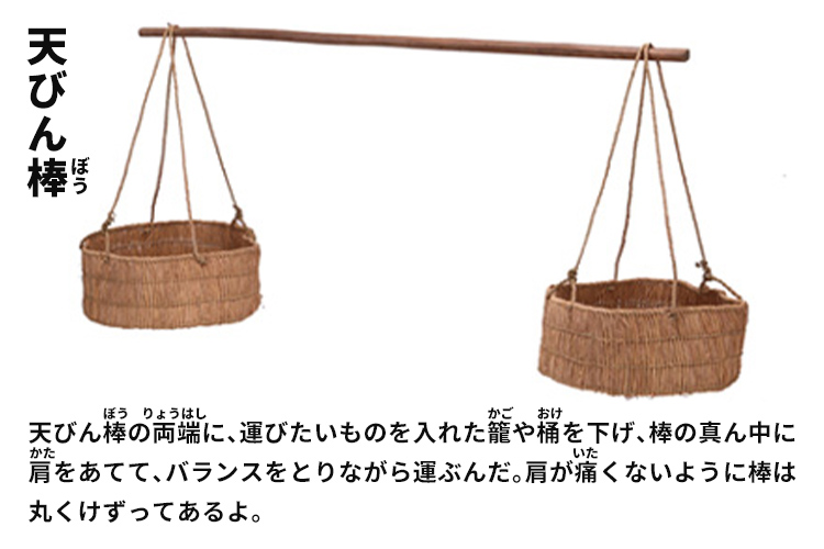 天びん棒　天びん棒の両端に、運びたいものを入れた籠や桶を下げ、棒の真ん中に肩をあてて、バランスをとりながら運ぶんだ。肩が痛くないように棒は丸くけずってあるよ。