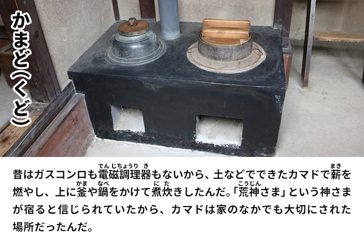 かまど（くど）　昔はガスコンロも電磁調理器もないから、土などでできたカマドで薪を燃やし、上に釜や鍋をかけて煮炊きしたんだ。「荒神さま」という神さまが宿ると信じられていたから、カマドは家のなかでも大切にされた場所だったんだ。