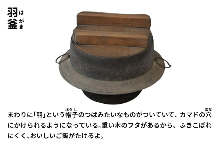 羽釜　まわりに「羽」という帽子のつばみたいなものがついていて、カマドの穴にかけられるようになっている。重い木のフタがあるから、ふきこぼれにくく、おいしいご飯がたけるよ。