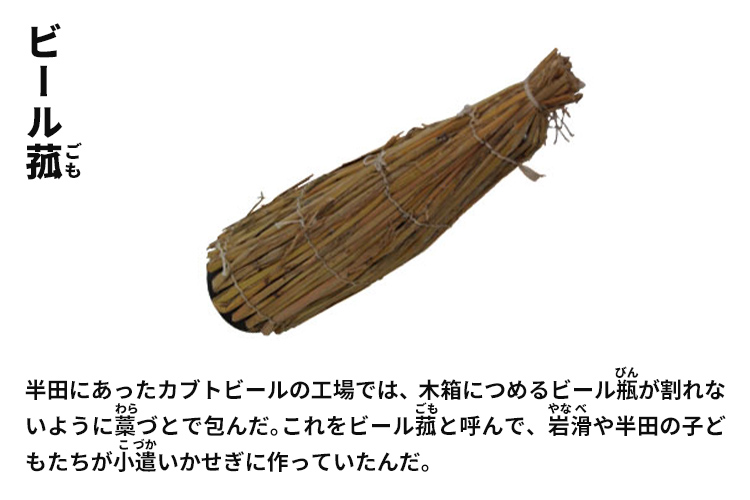 ビール菰　半田にあったカブトビールの工場では、木箱につめるビール瓶が割れないように藁づとで包んだ。これをビール菰と呼んで、岩滑や半田の子どもたちが小遣いかせぎに作っていたんだ。